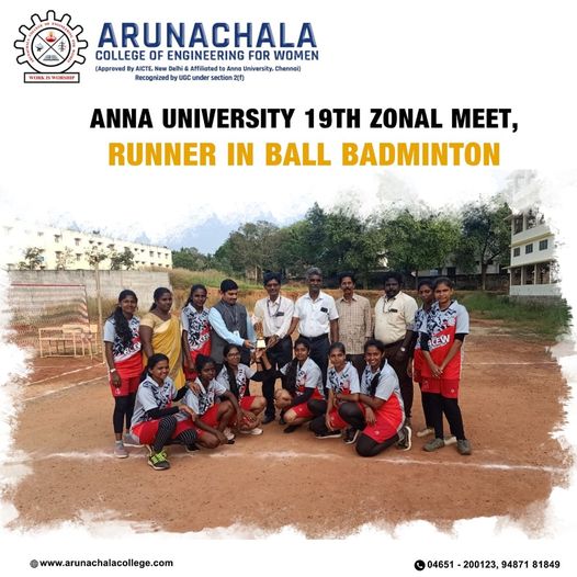 Congratulation on winning the achieving Runner in Ball Badminton in Anna University 19th Zonal meet.